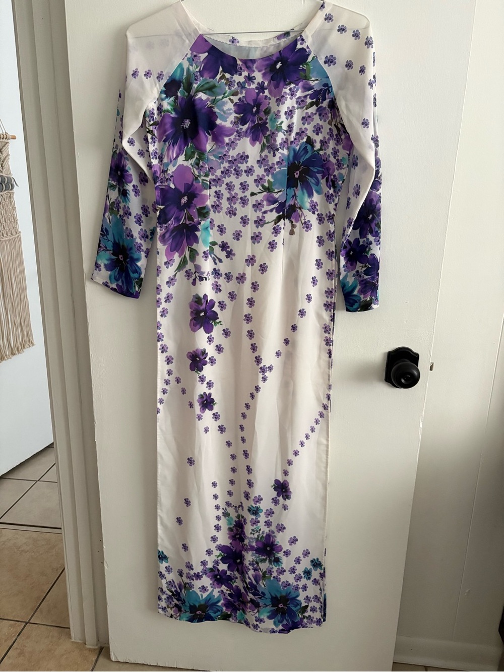 Ao Dai Floral White and Purple Dress
